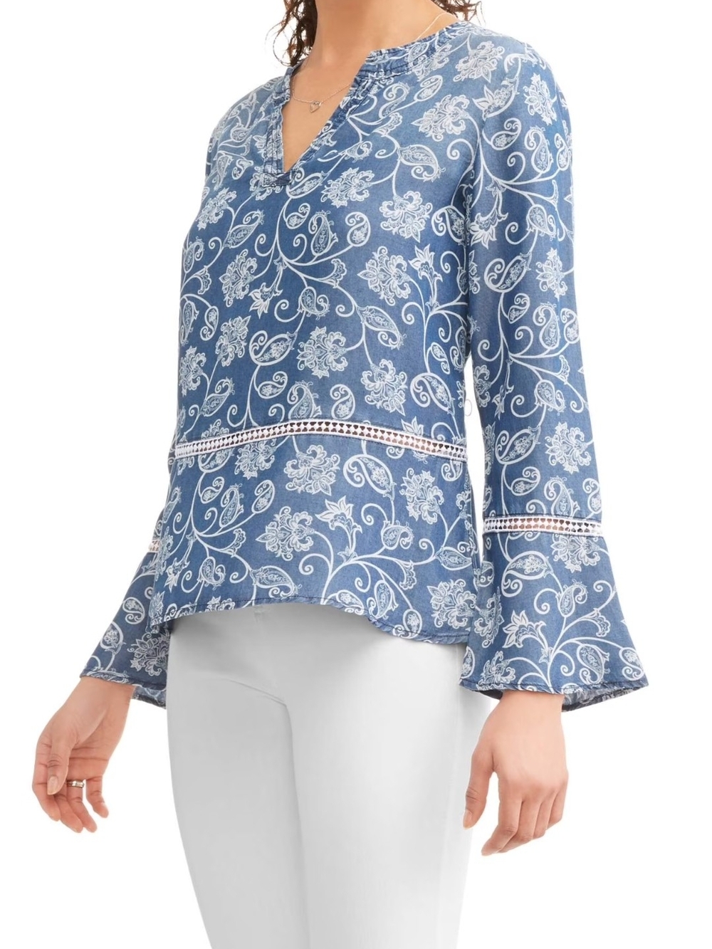 Blue Floral V-Neck Bell Sleeve Top